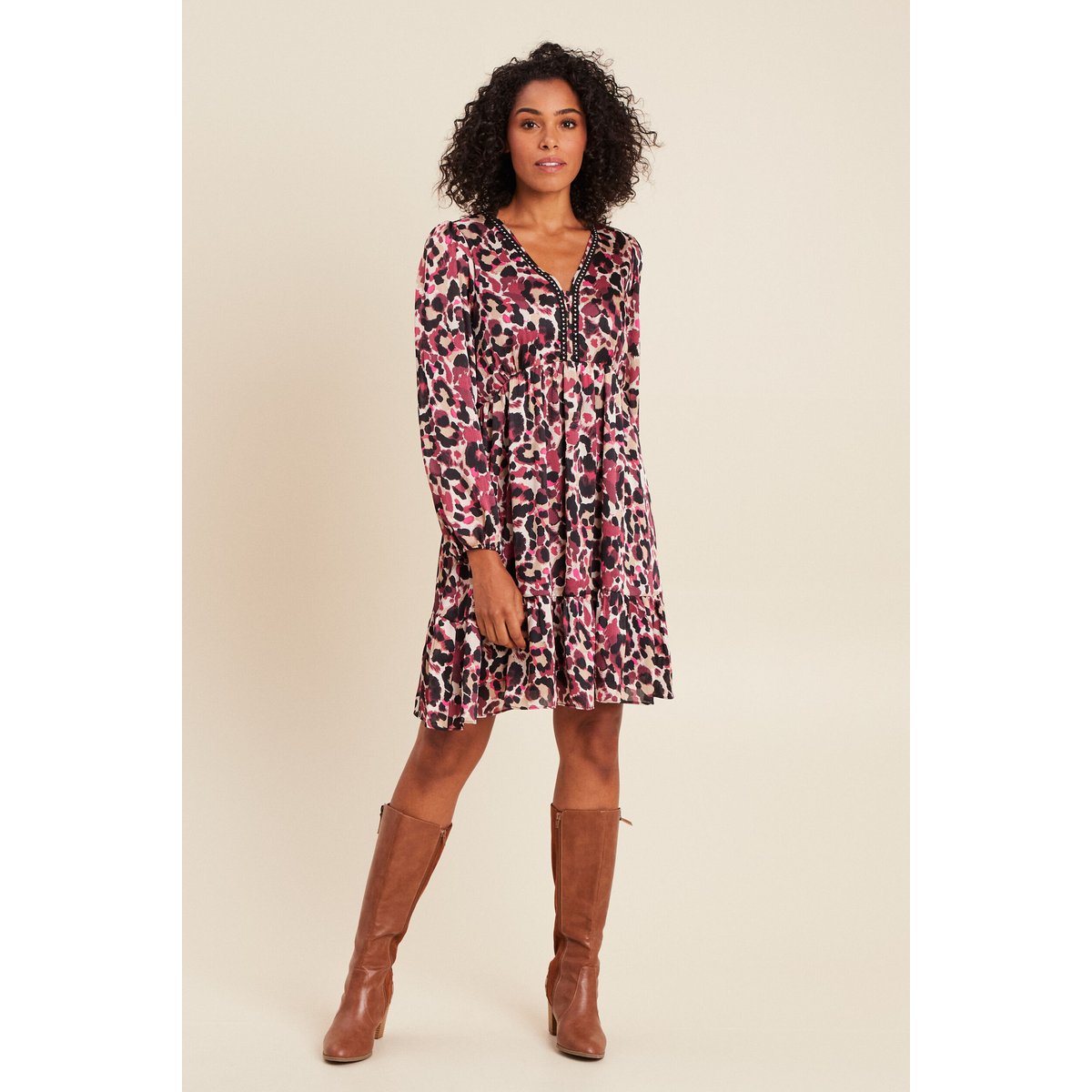 Robe courte évasée col v manches longues rose, BREAL