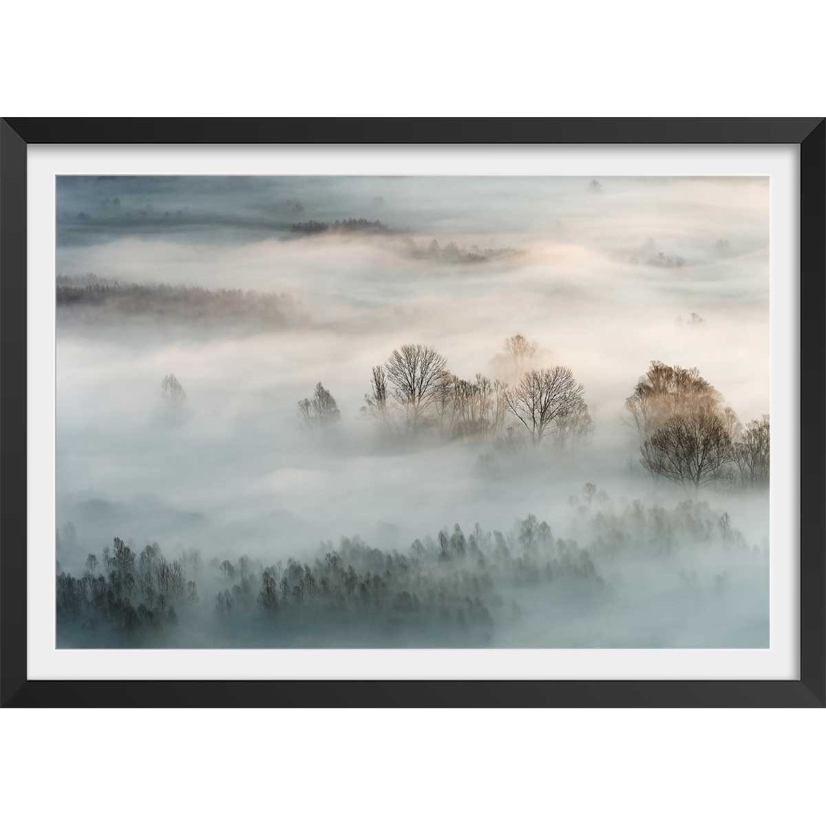 Affiche paysage brouillard hivernal affiche + cadre en bois - noir, HEXOA