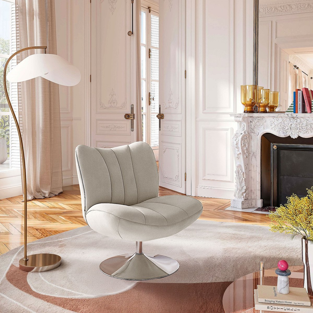 Fauteuil pivotant matelassé en tissu et métal chromé ANDREW crème, HABITAT