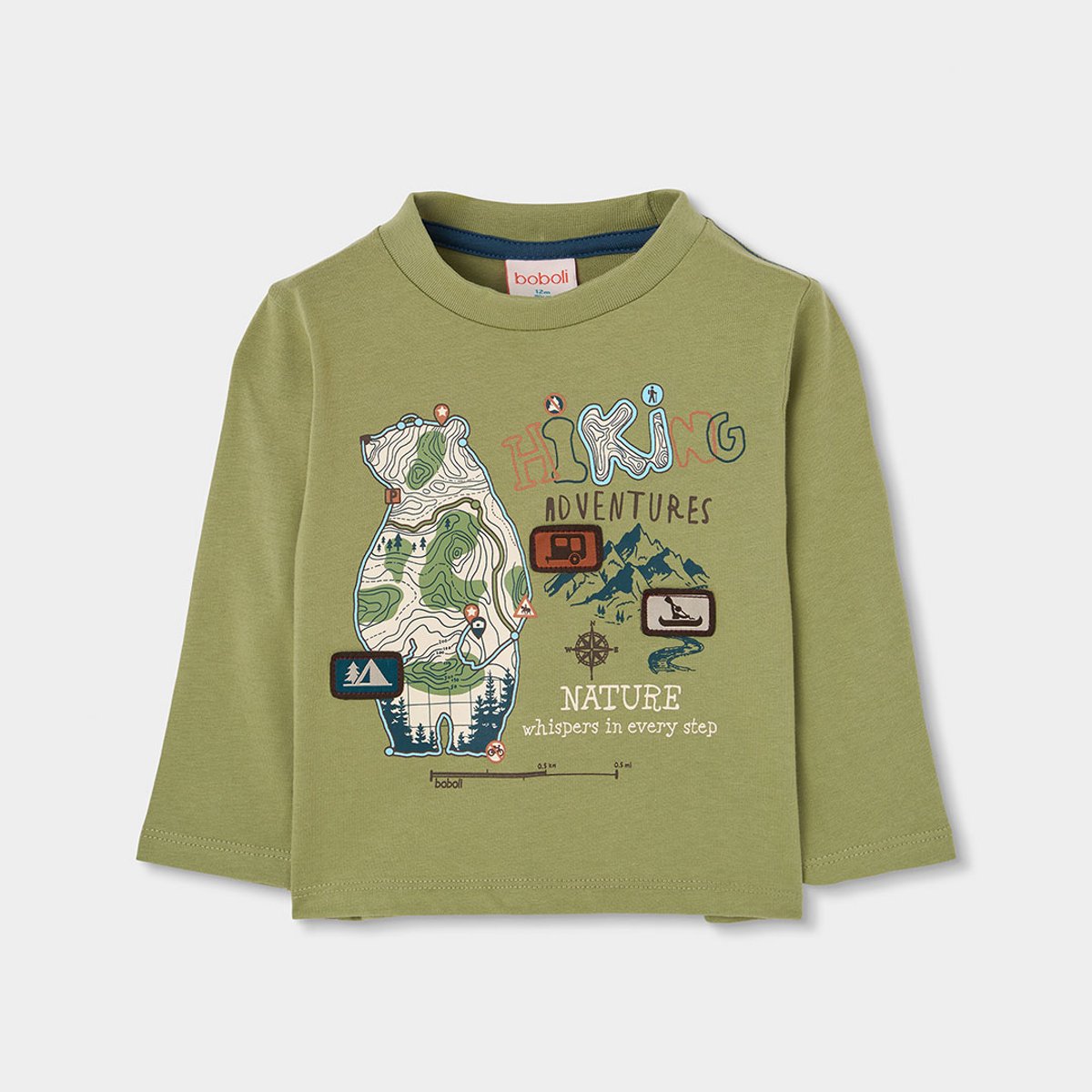 T-shirt garçon en maille imprimé ours aventure vert, BOBOLI