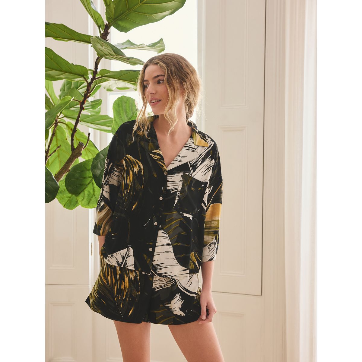 Ensemble pyjama short boutonné palmier vert, NEXT