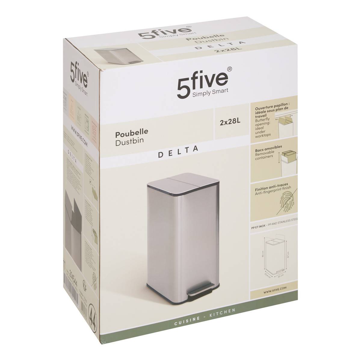 Poubelle de tri à pédales 2x28L inox DELTA argent, 5FIVE SIMPLY SMART