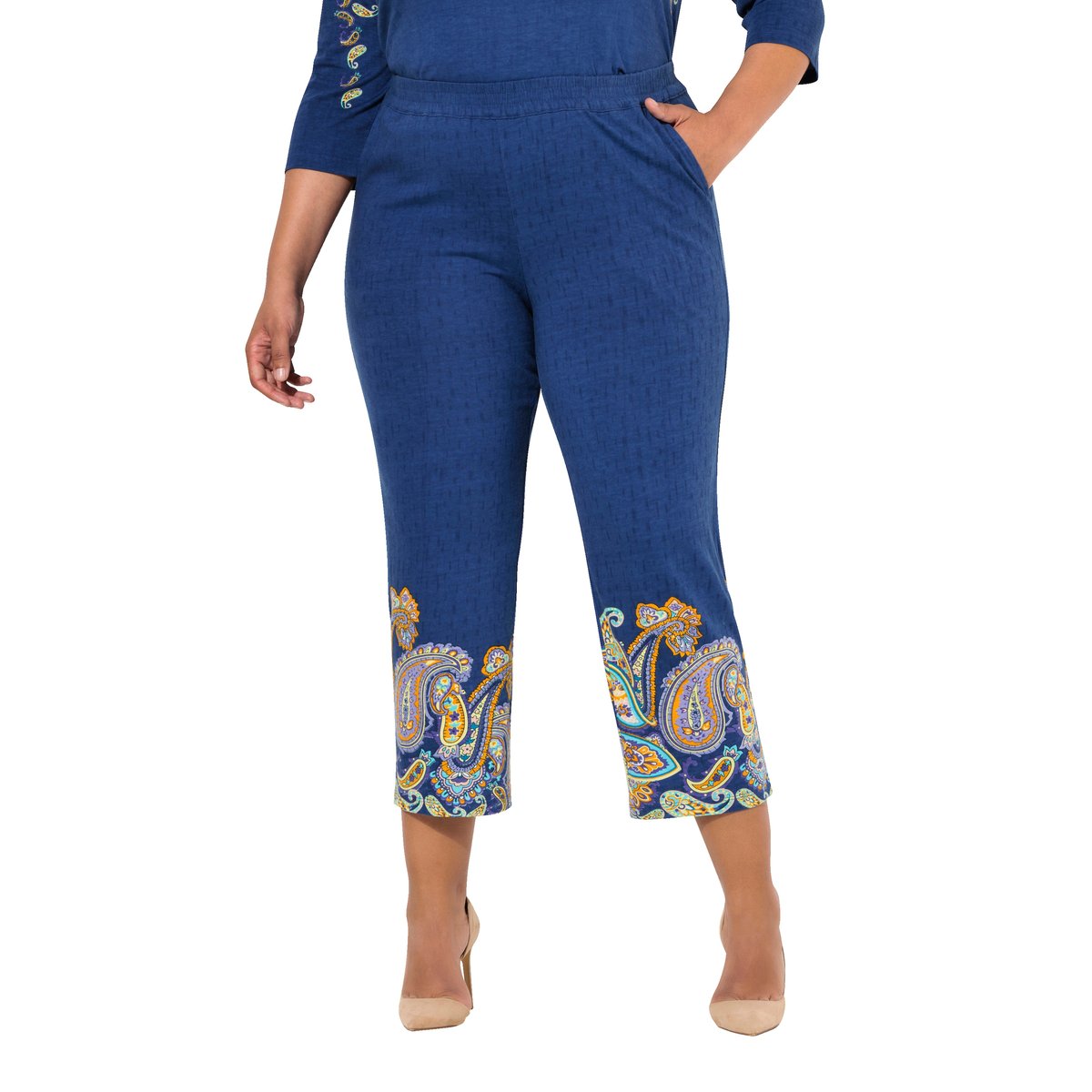 Pantalon en jersey 7/8 à jambe droite. Frise pétrole foncé, ULLA POPKEN