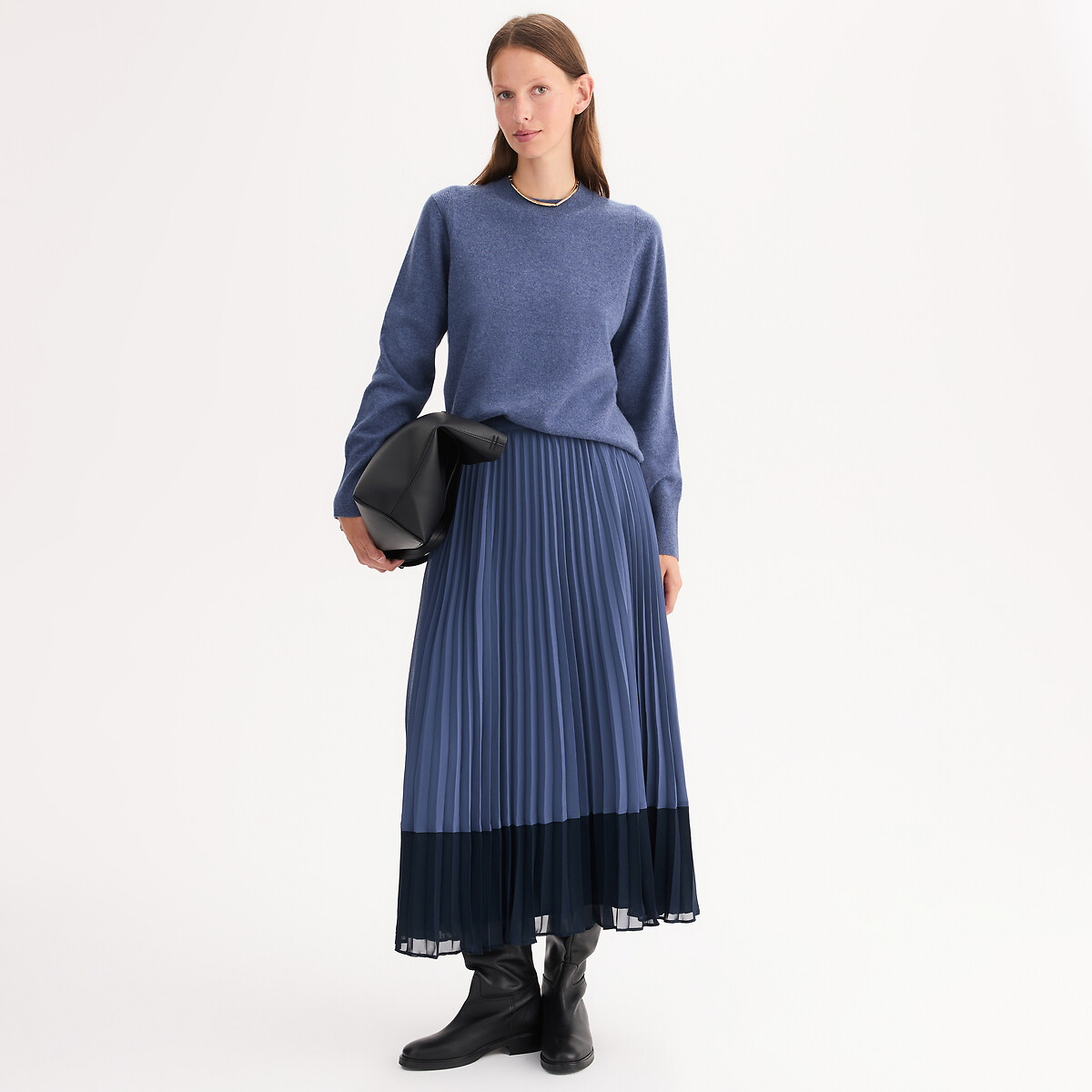 Two-Tone Pleated Midi Skirt blue, ANNE WEYBURN
