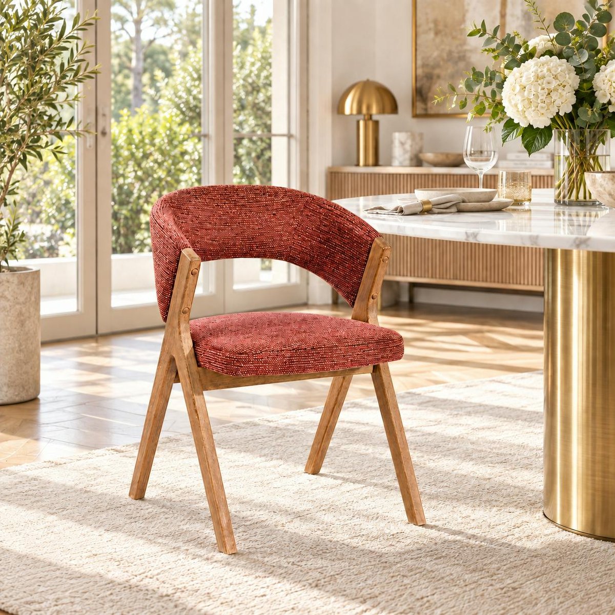 Chaise bois et tissu, dossier arrondi (lot de 2) AGADE rouge, PIER IMPORT