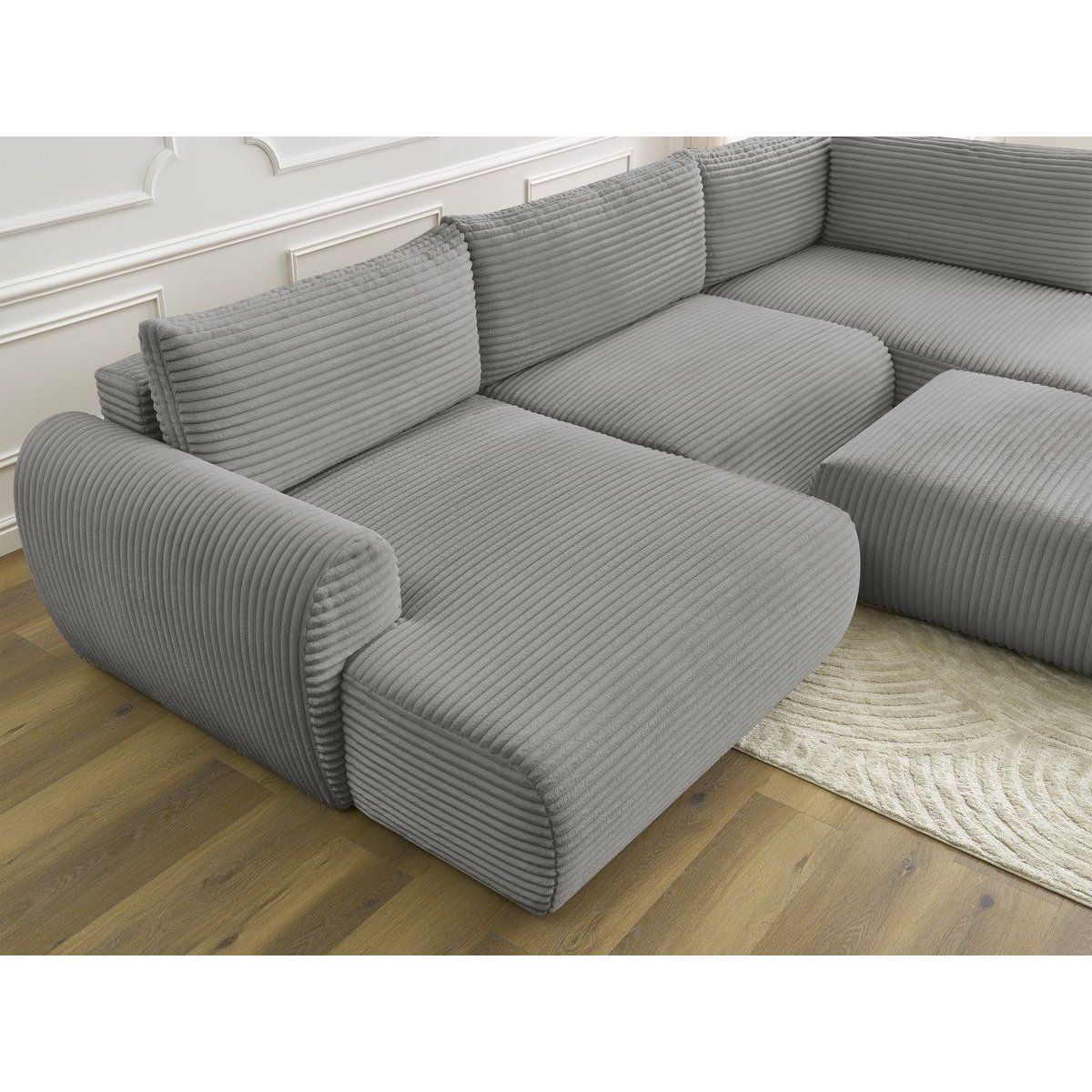 Canapé panoramique convertible 6 places en gros côtelé doux avec pouf, LUCIEN gris foncé, BOBOCHIC