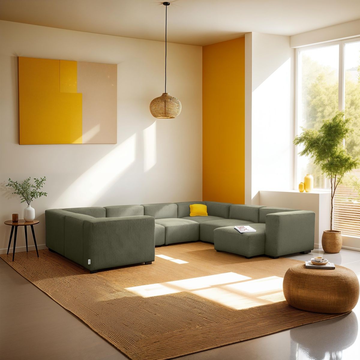 Canapé modulable panoramique 10 places avec méridienne à droite en velours côtelé - MODULO vert kaki, HOMIFAB