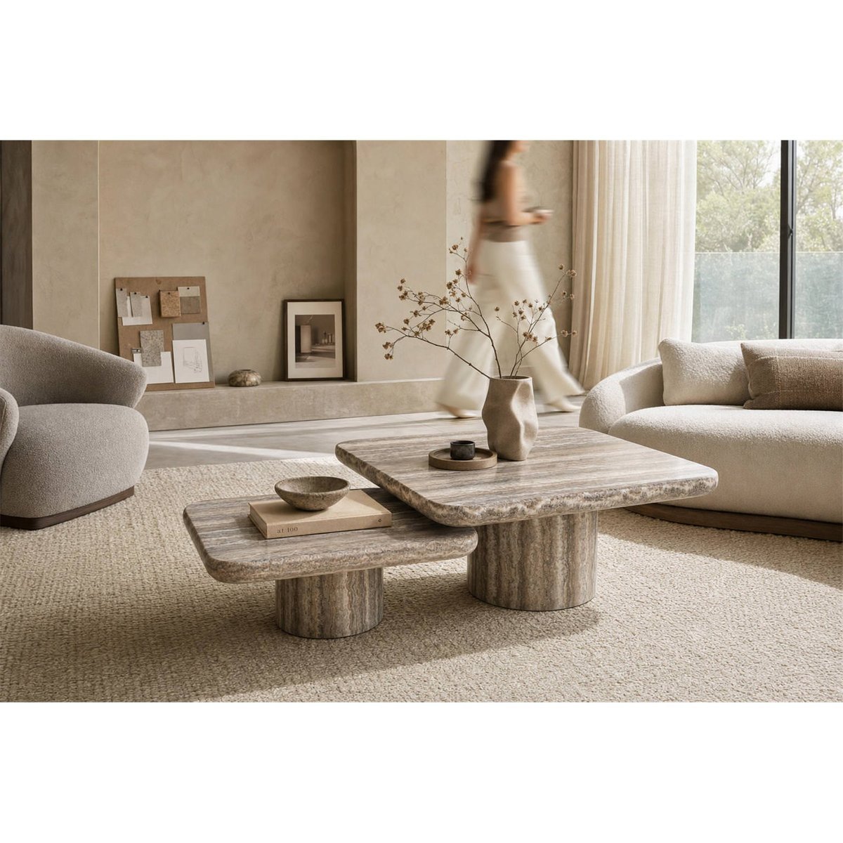 Table basse en marbre DULCE, Lot de 2 gris effet travertin, RECOLLECTION