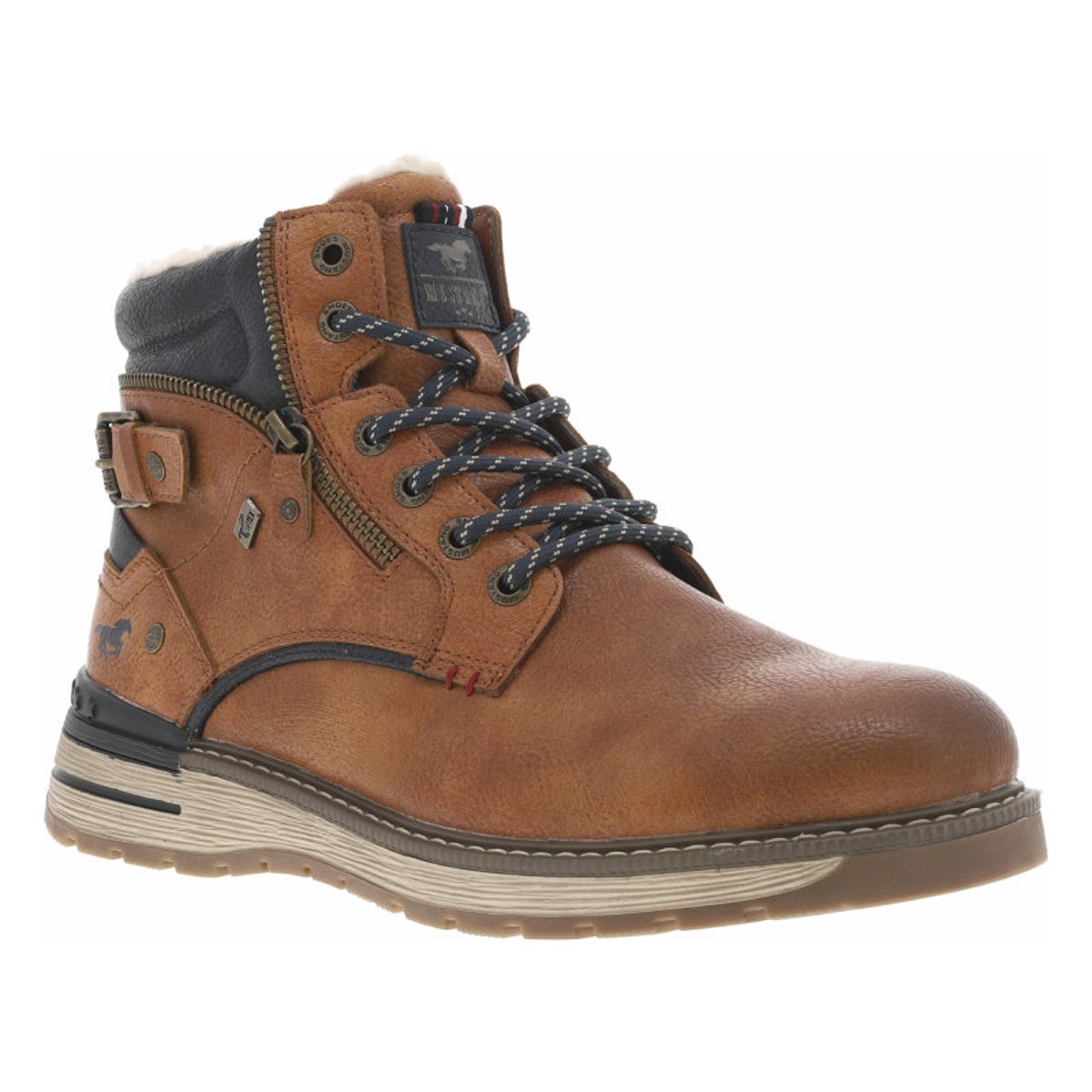 Sneakers bleu marine à talon plat avec des lacets et un zip latéral bleu marine, MUSTANG