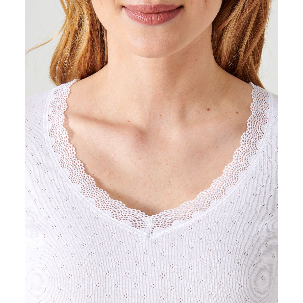 Lot de 2 t-shirts maille jacquard et dentelle blanc, DAMART