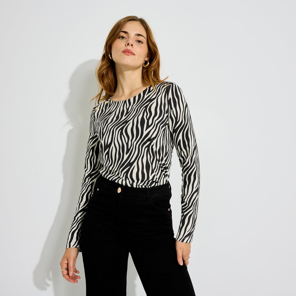 T-shirt motif zébré boutons noir, GRAIN DE MALICE