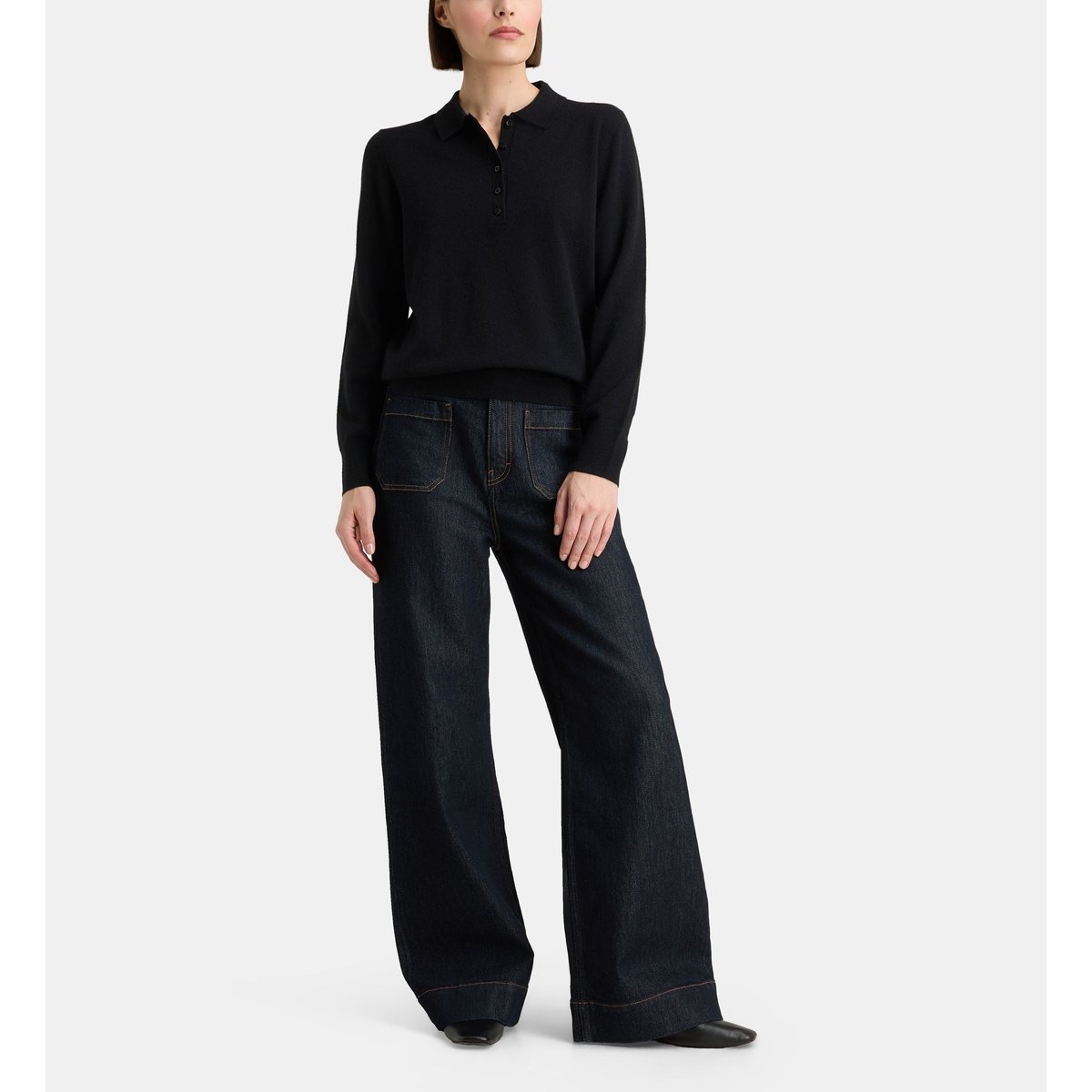Pull polo faon droit en cachemire noir, GALERIES LAFAYETTE