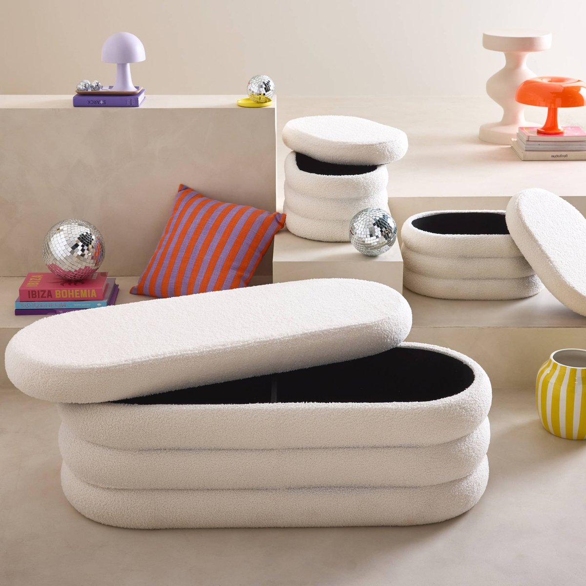 Banc coffre avec 2 poufs de rangement bouclette SNOW blanc, SWEEEK