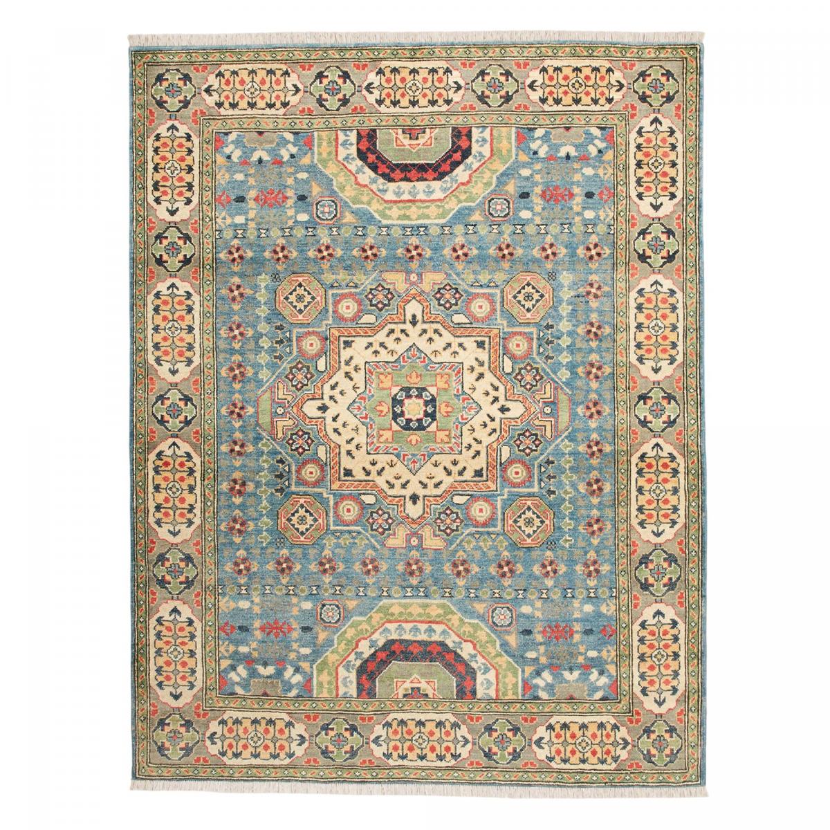 Tapis salon, motif géométrique noué main, laine naturelle, KAZAK CO 69 bleu, beige, rouge, UN AMOUR DE TAPIS