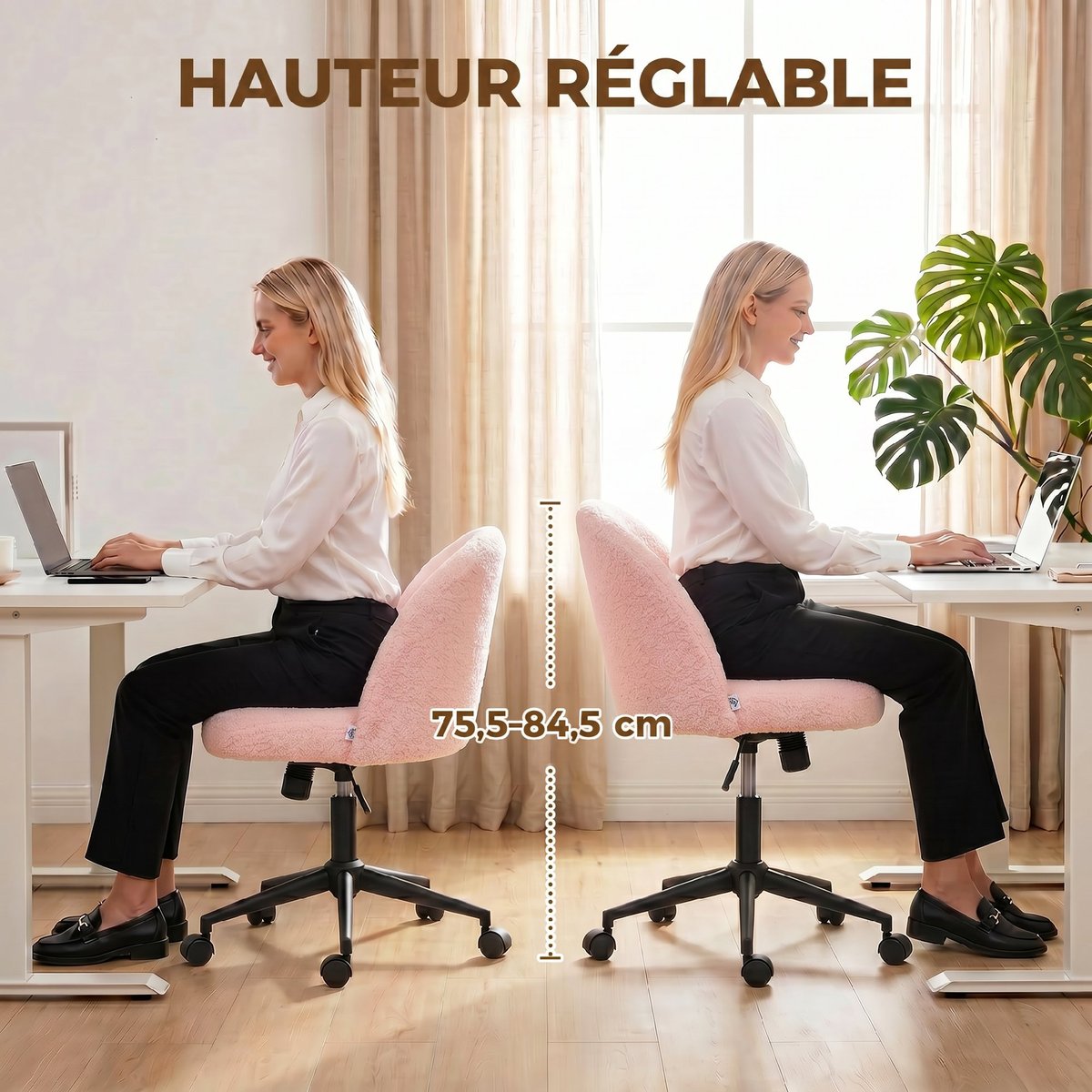Chaise de bureau Polaire Teddy (100% rose, HOMCOM