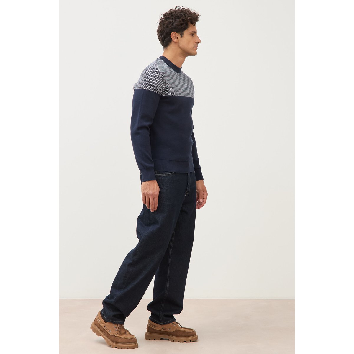 Pull droit fin col rond manches longues bleu marine, BONOBO