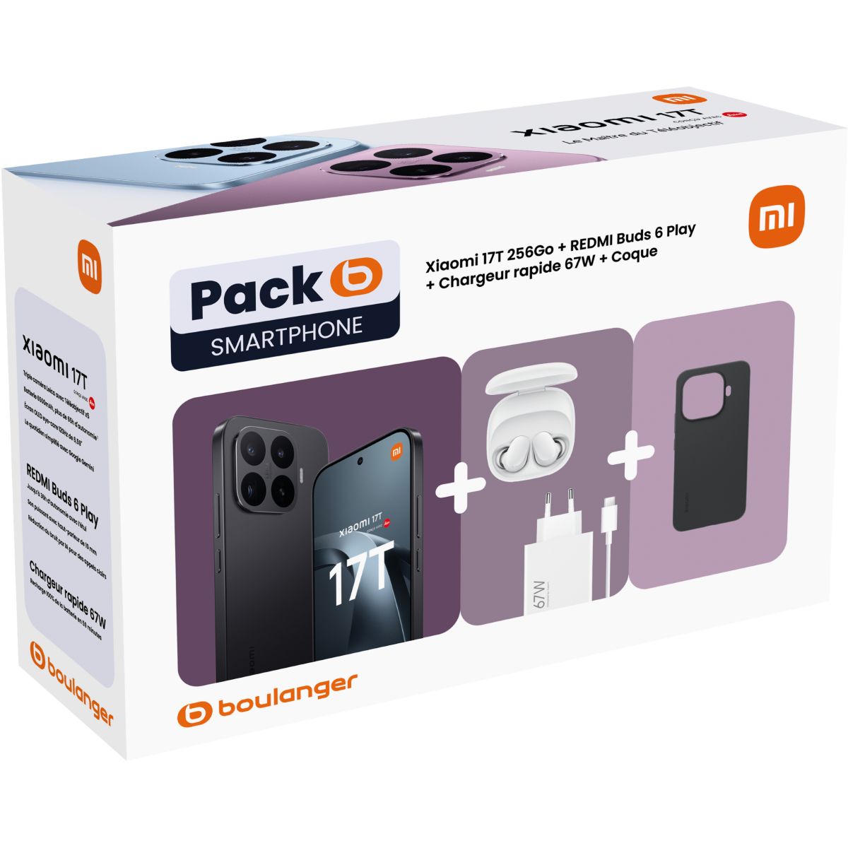 Smartphone Pack 17T 5G 256Go Noir + Redmi Buds 6 + Chargeur 67W couleur unique, XIAOMI