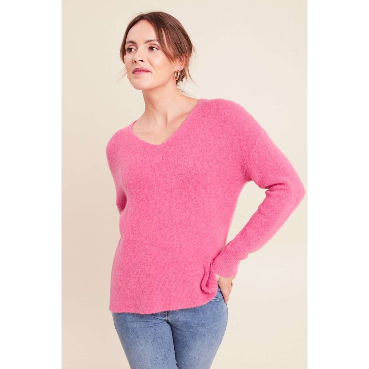 Pull col v manches longues rose fushia, BREAL