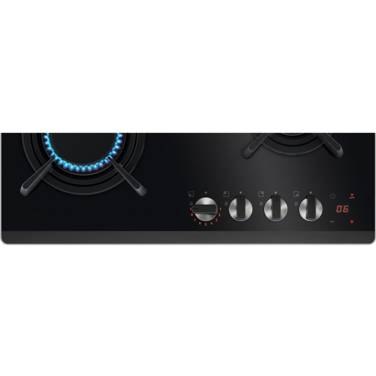 Plaque gaz KGG643753K - 4 foyers Verre Noir et Grilles Fonte noir, ELECTROLUX