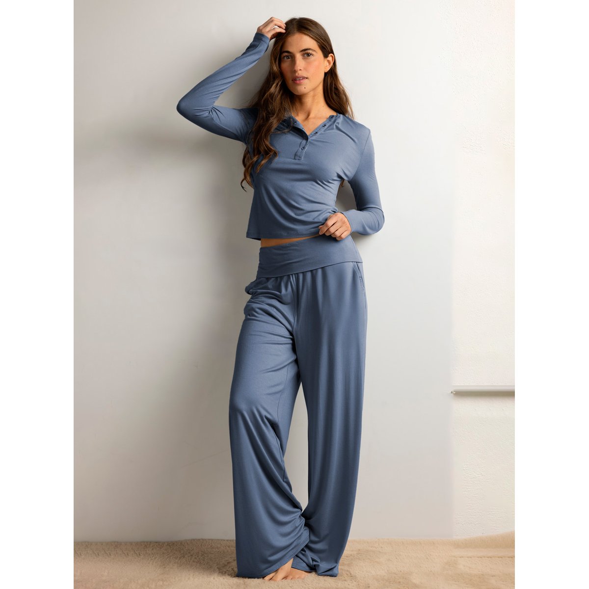 Pyjama pantalon top manches longues Yoga Girl bleu, ADMAS
