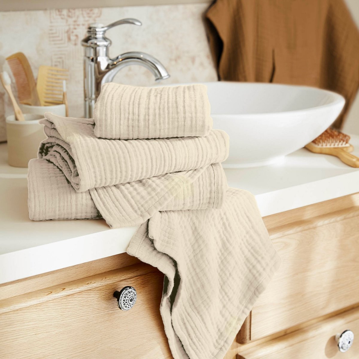 Serviette de toilette en gaze de coton Gaia camel, EDEN