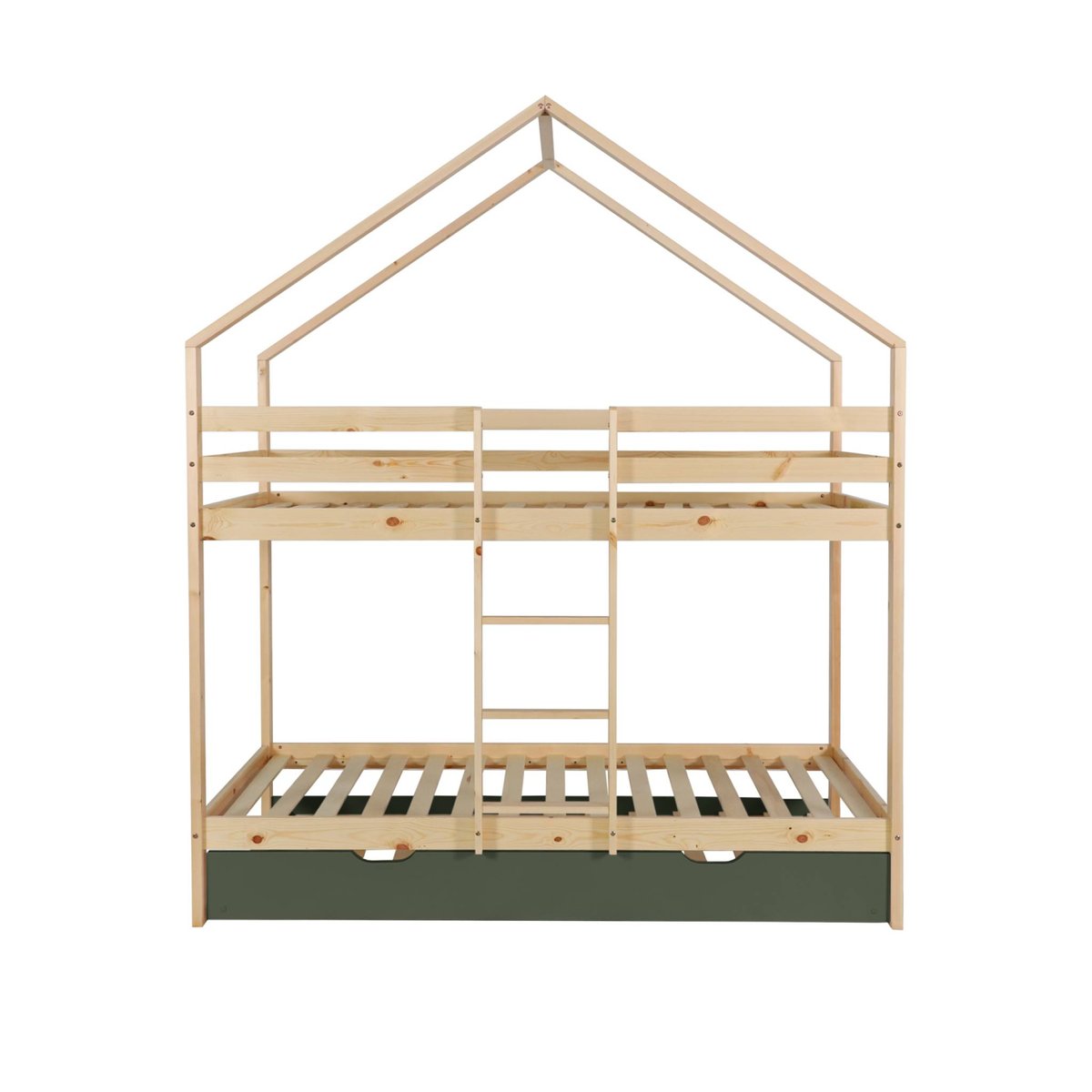 Lit enfant superposé cabane 90 x 190 cm pin naturel avec lit tiroir ROYA blanc, SWEEEK