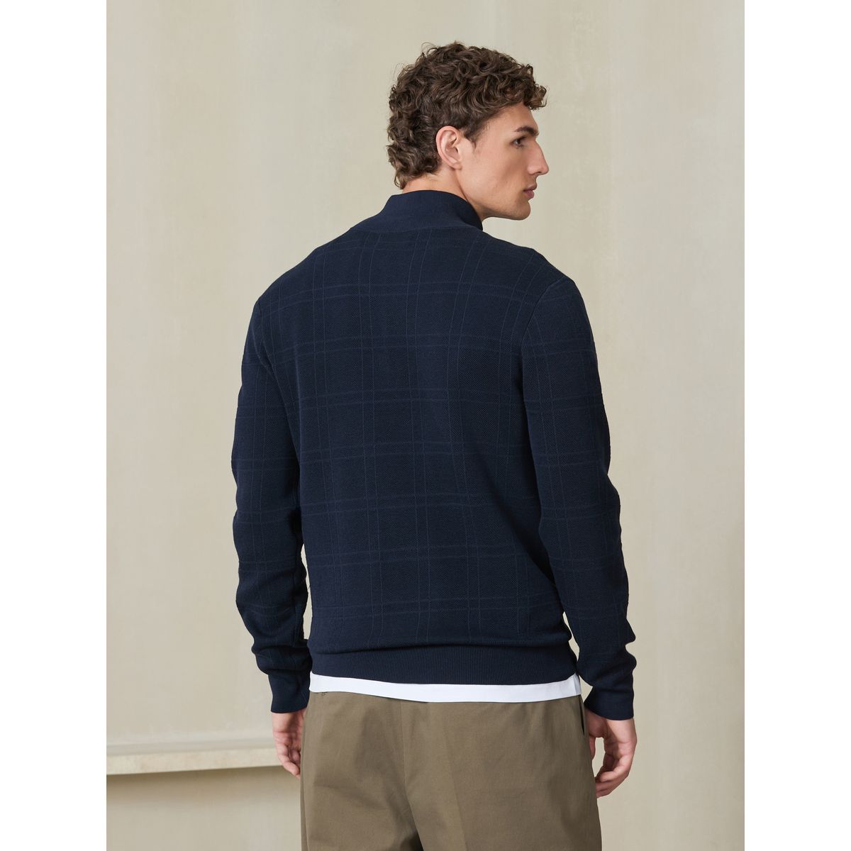 Pull à col zippé et carreaux texturés bleu marine, NEXT