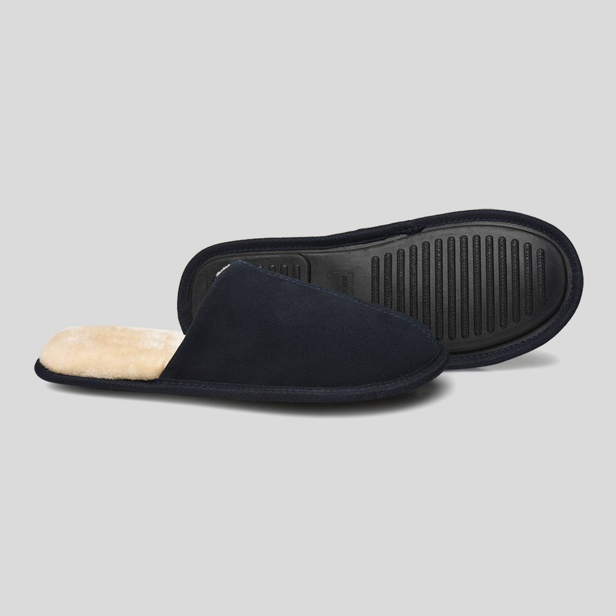 Mules fourrées en cuir suede marine, MONOPRIX