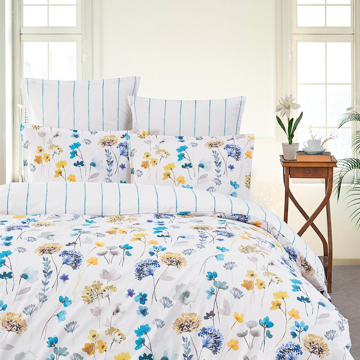 Parure housse de couette percale avec 2 taies 50x70 cm AGATHA aqua sea, SENSEI MAISON