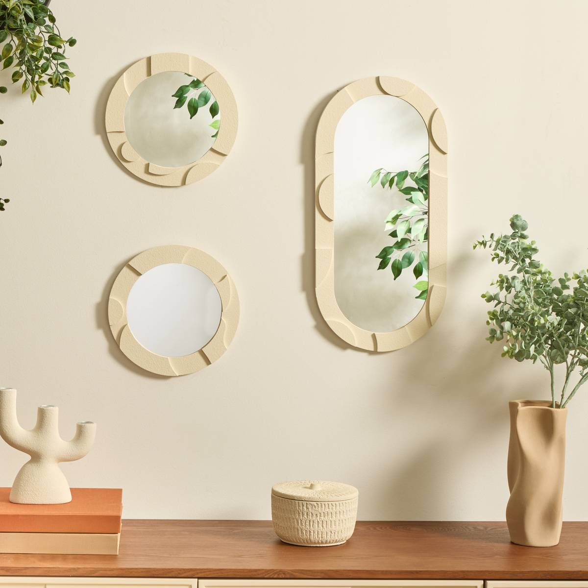 Lot de 3 miroirs muraux bois texturé ANNY beige, ATMOSPHERA