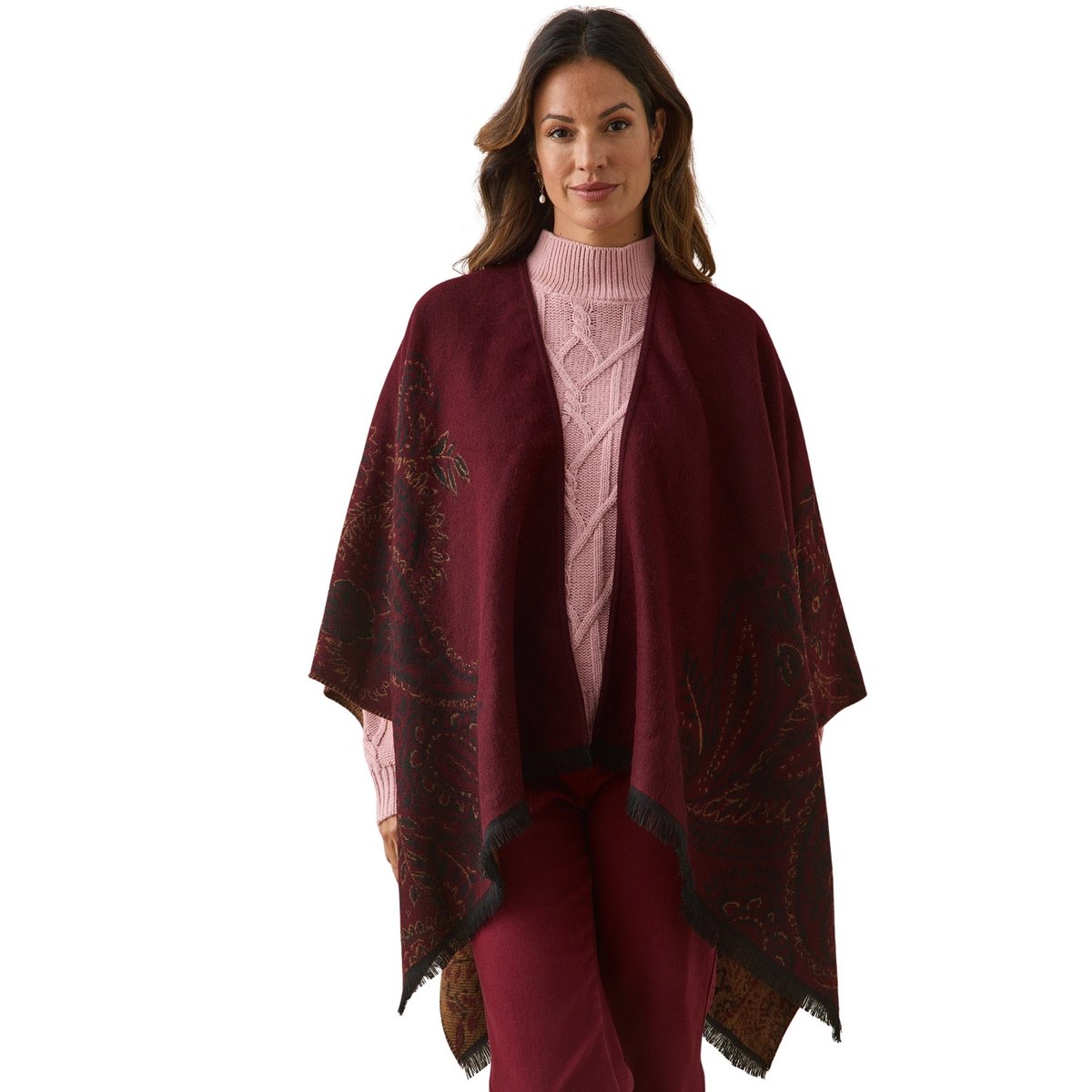Poncho jacquard à franges bordeaux, DAXON