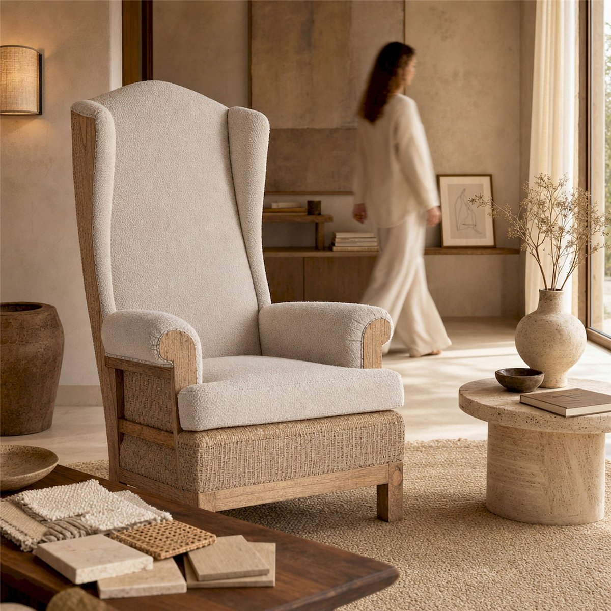 Fauteuil classique haut dossier bois et lin lin crème et bois marron, RECOLLECTION