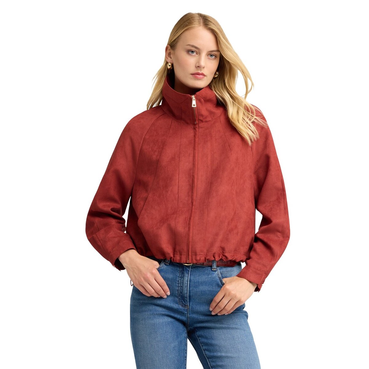 Blouson court avec col montant et zip rouge, MOTIVI