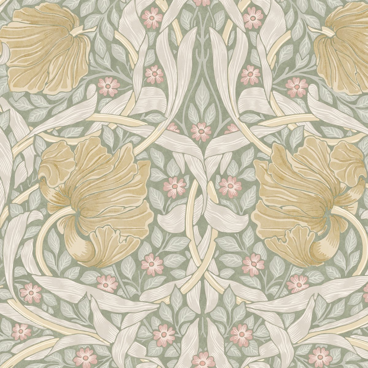 Papier peint Fleurs d'églantine au soleil ocre, beige, vert, WILLIAM MORRIS AT HOME