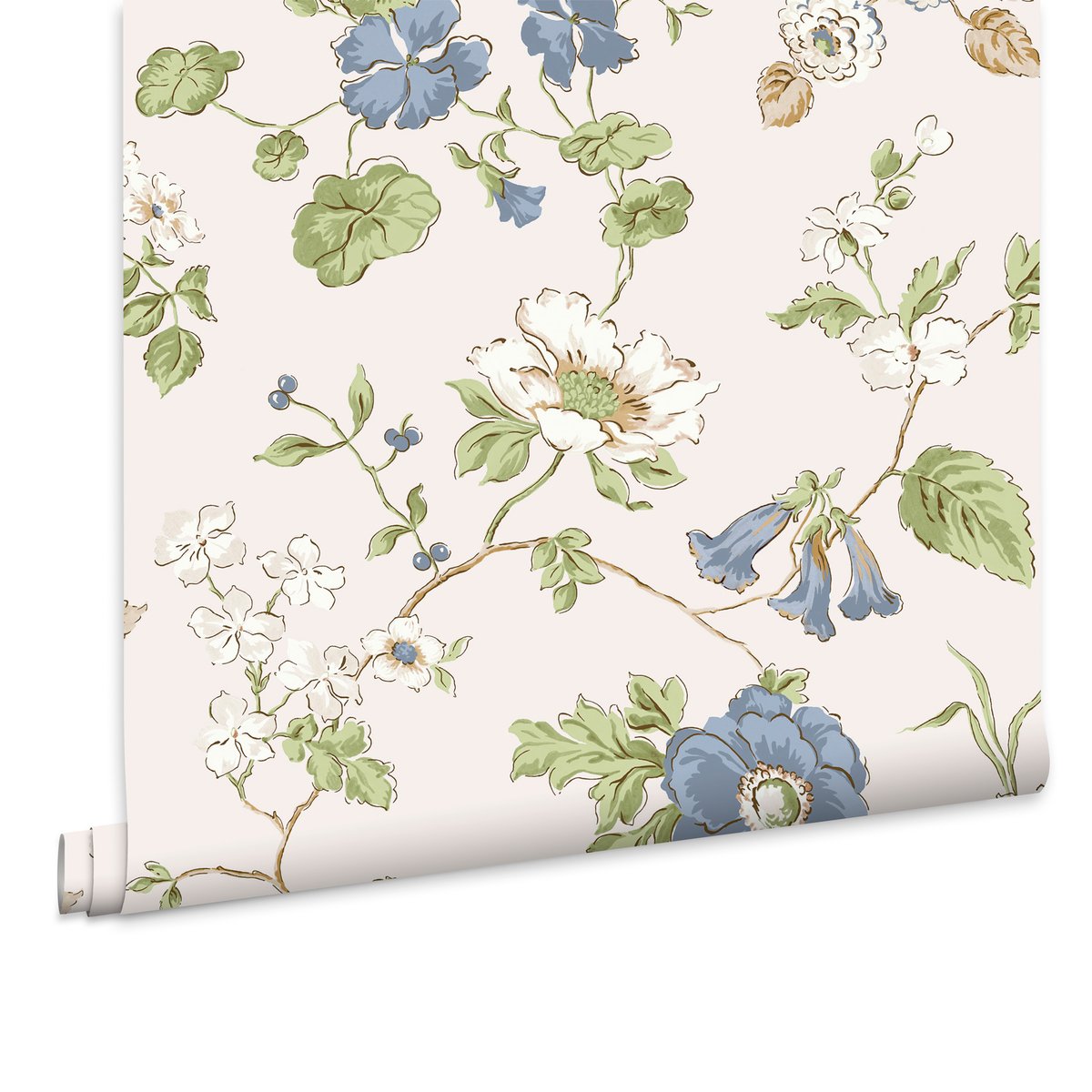 Papier peint Fleurs de capucine Pennywell Grove bleu, vert, beige, LAURA ASHLEY