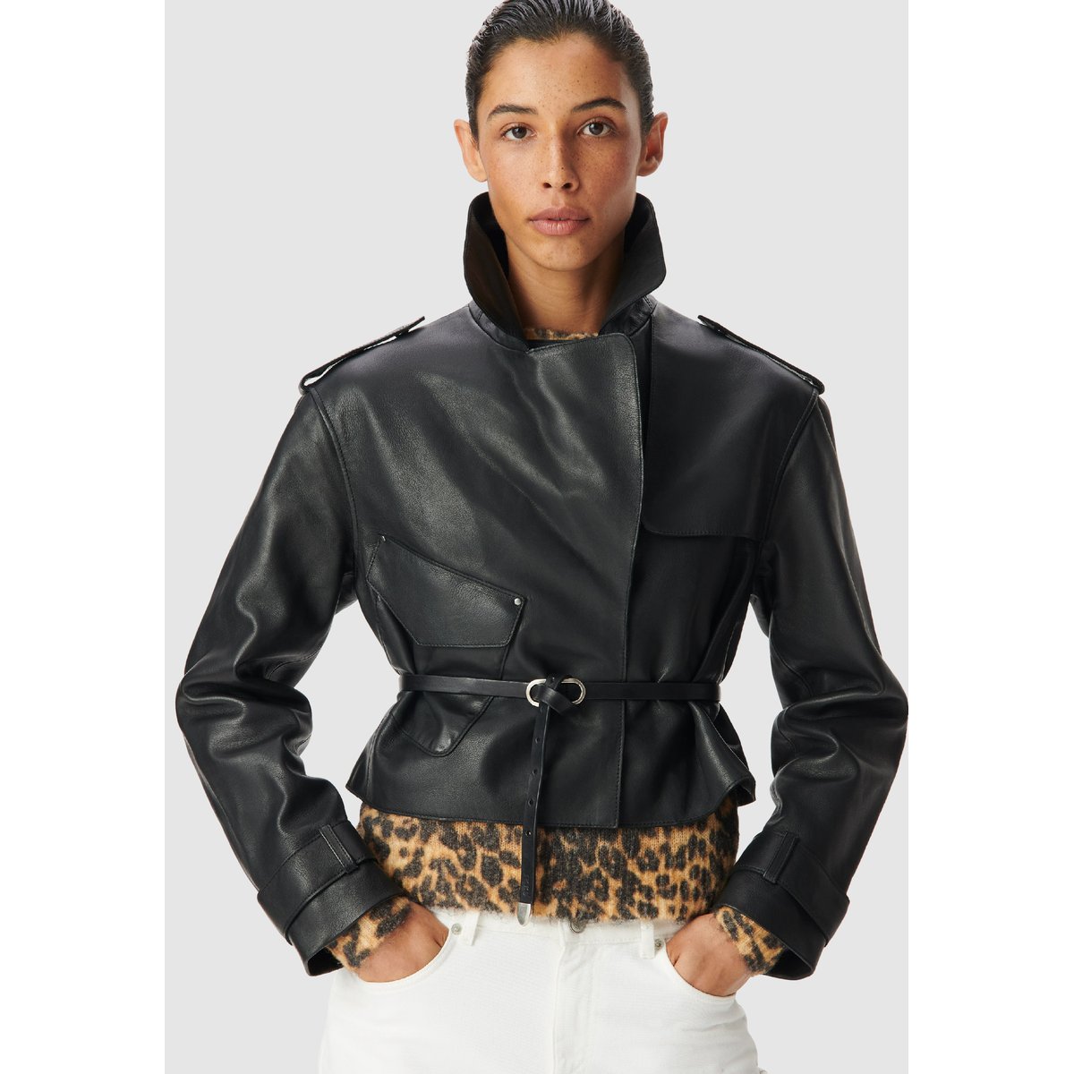 Veste cuir bavolet et poche biais noir, IKKS