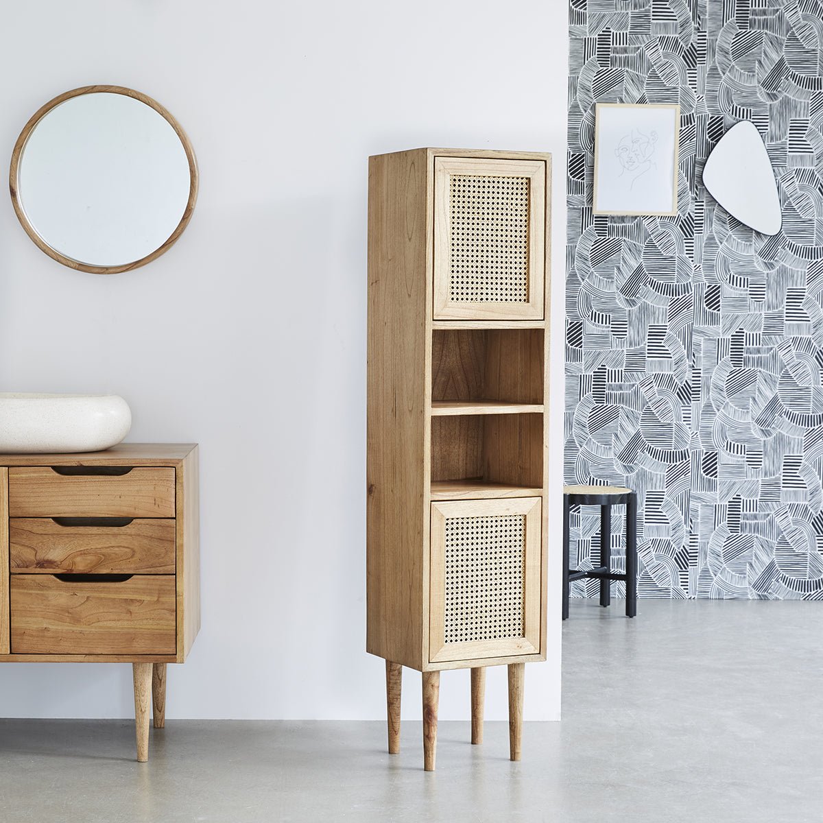 Colonne de salle de bain en bois massif et cannage HANA naturel, BERAH GETAH