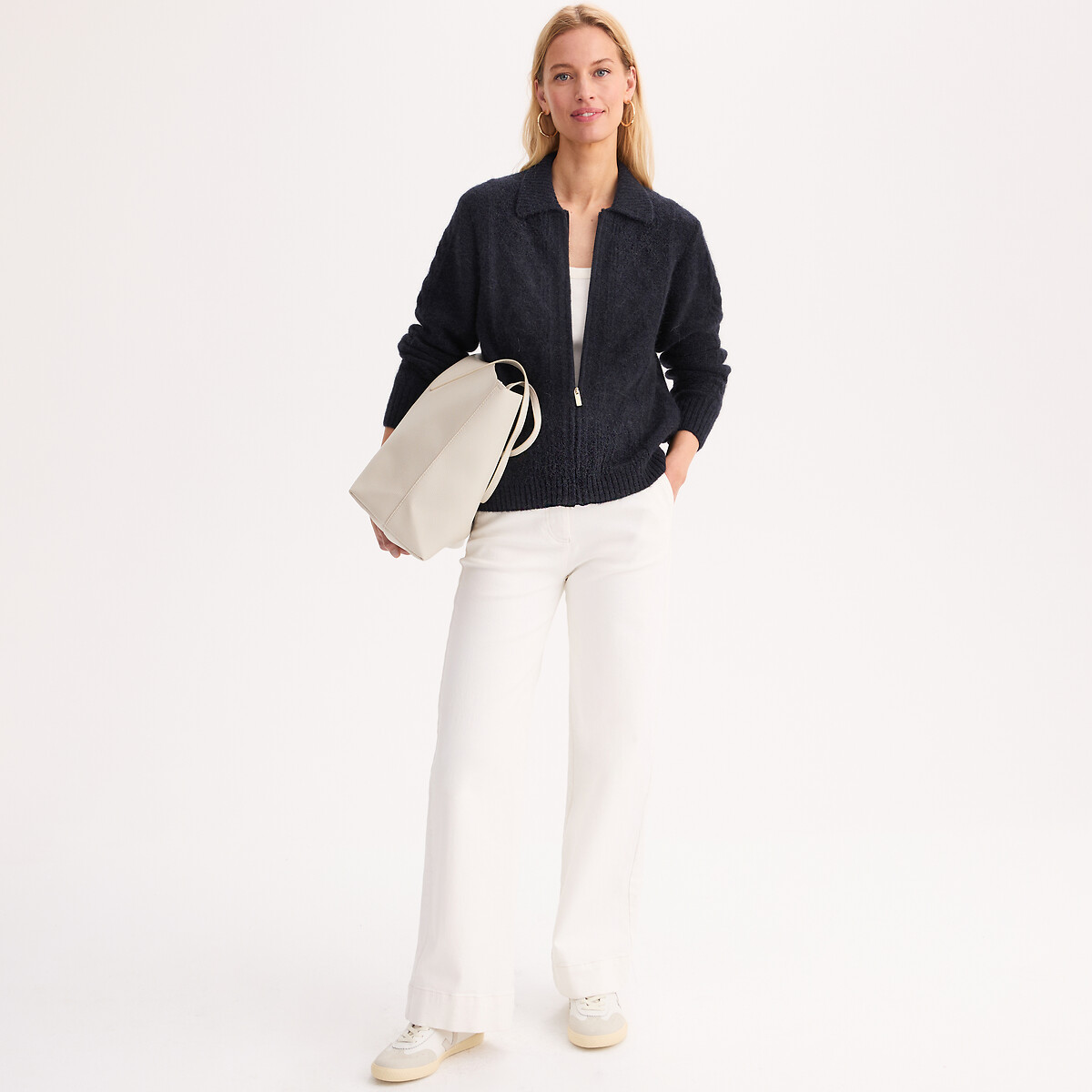 Gilet zippé col polo en maille torsadée bleu marine, ANNE WEYBURN