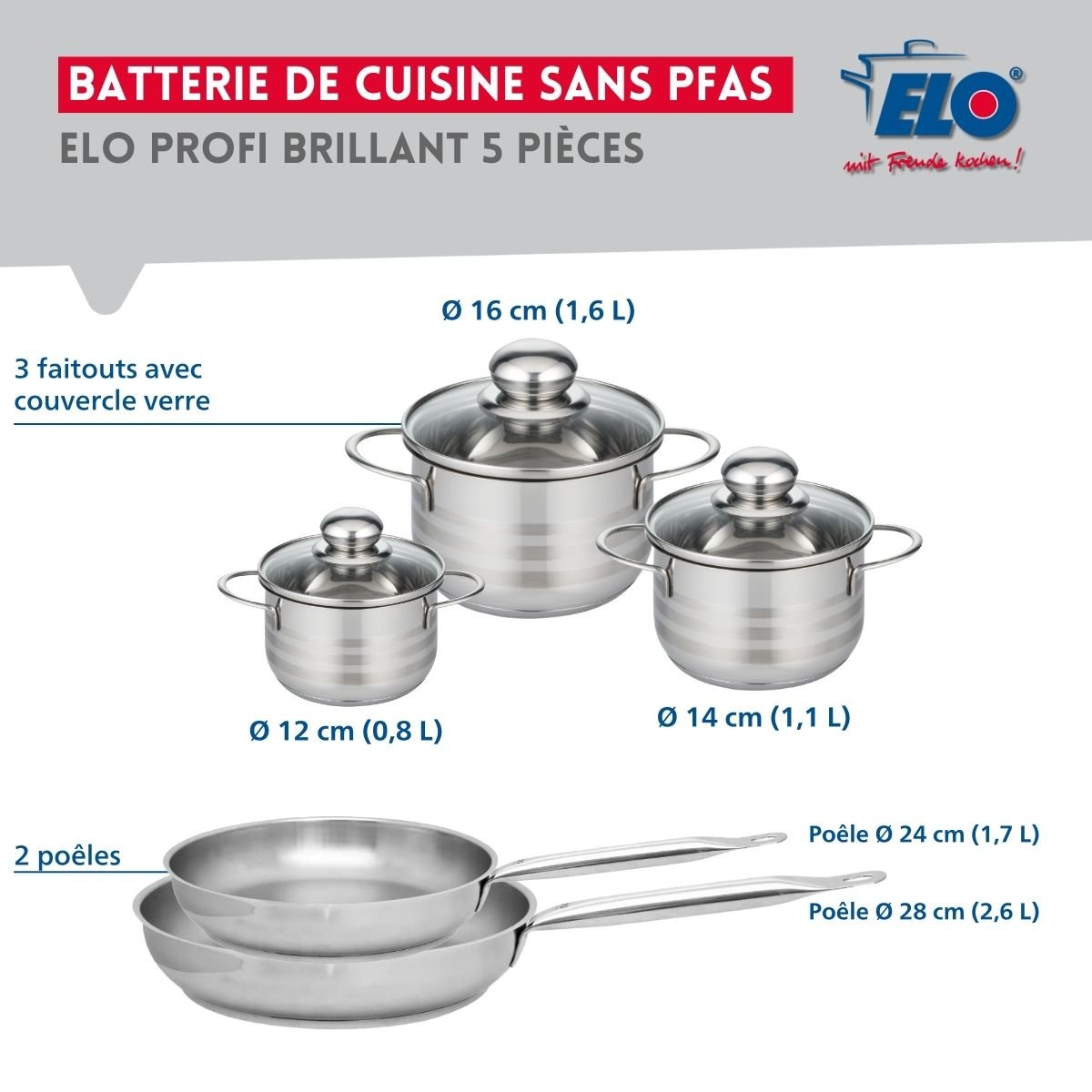 Batterie 2 poêles 24/28cm + 3 faitouts 12/14/16cm PROFI BRILLANT gris, ELO