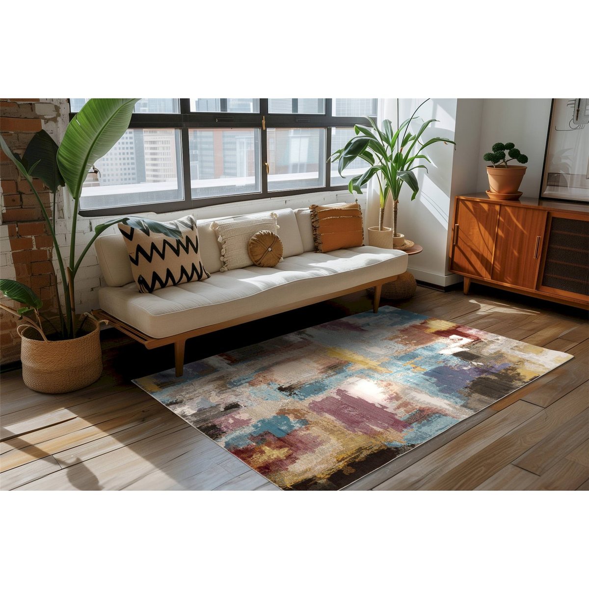 Tapis rectangulaire, Blazing star multicolore bleu ocre et prune, ARTE ESPINA