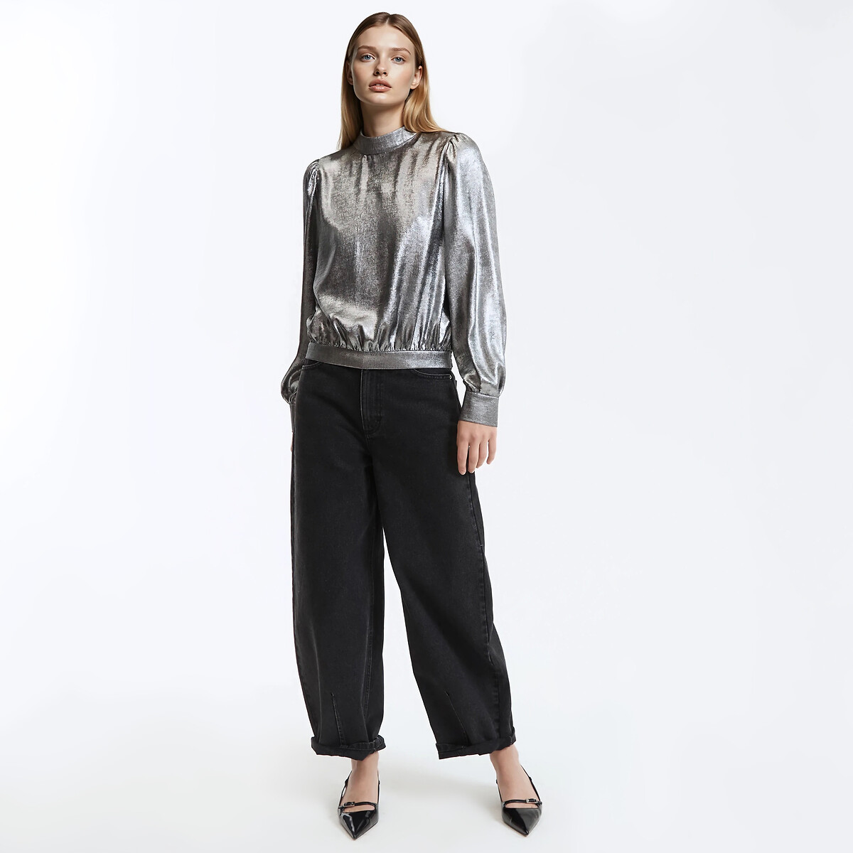 Mandarin Collar Blouse with Long Sleeves silver grey, LA REDOUTE COLLECTIONS