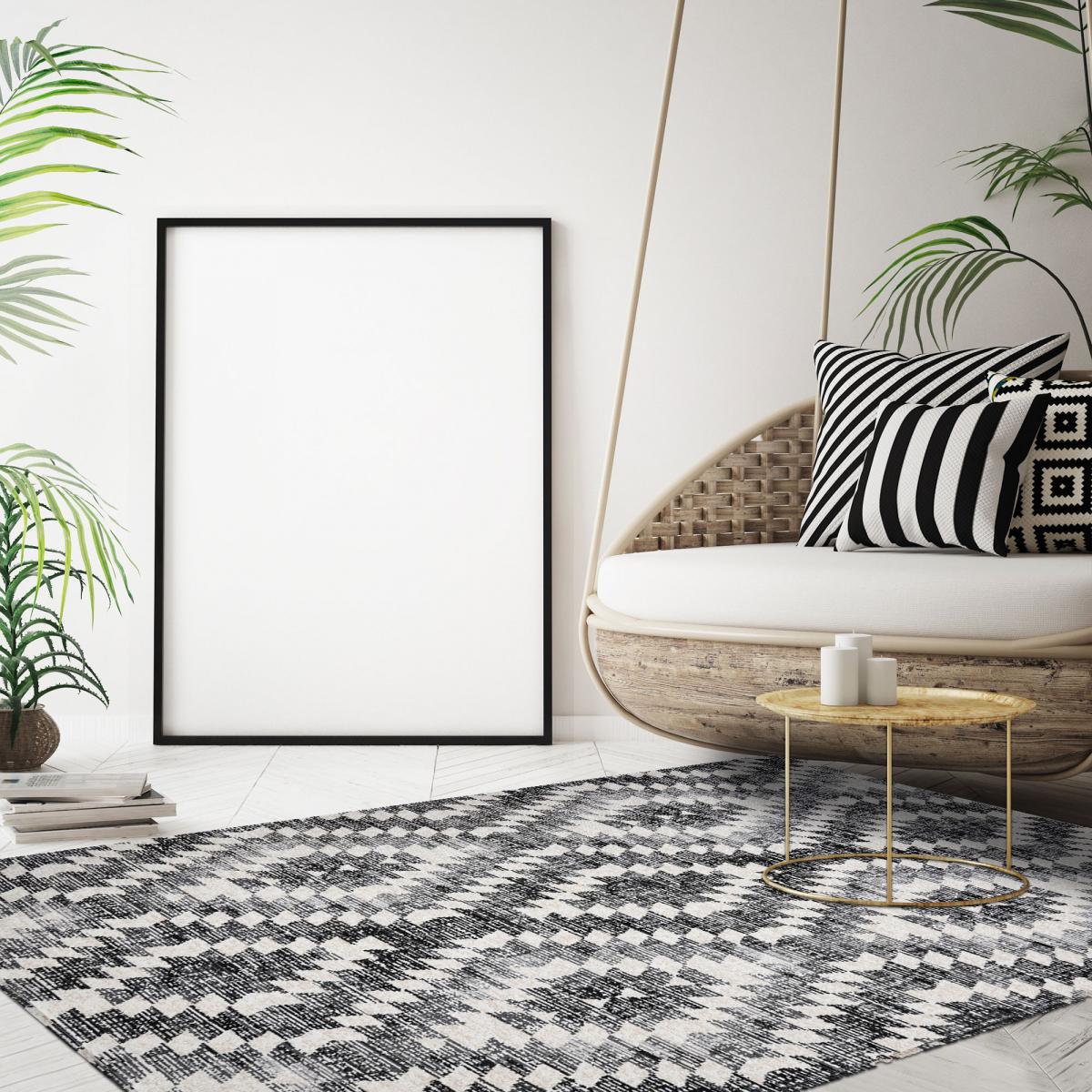 Tapis extérieur tissé kilim rectangle SANDRINE gris, noir, beige, UN AMOUR DE TAPIS
