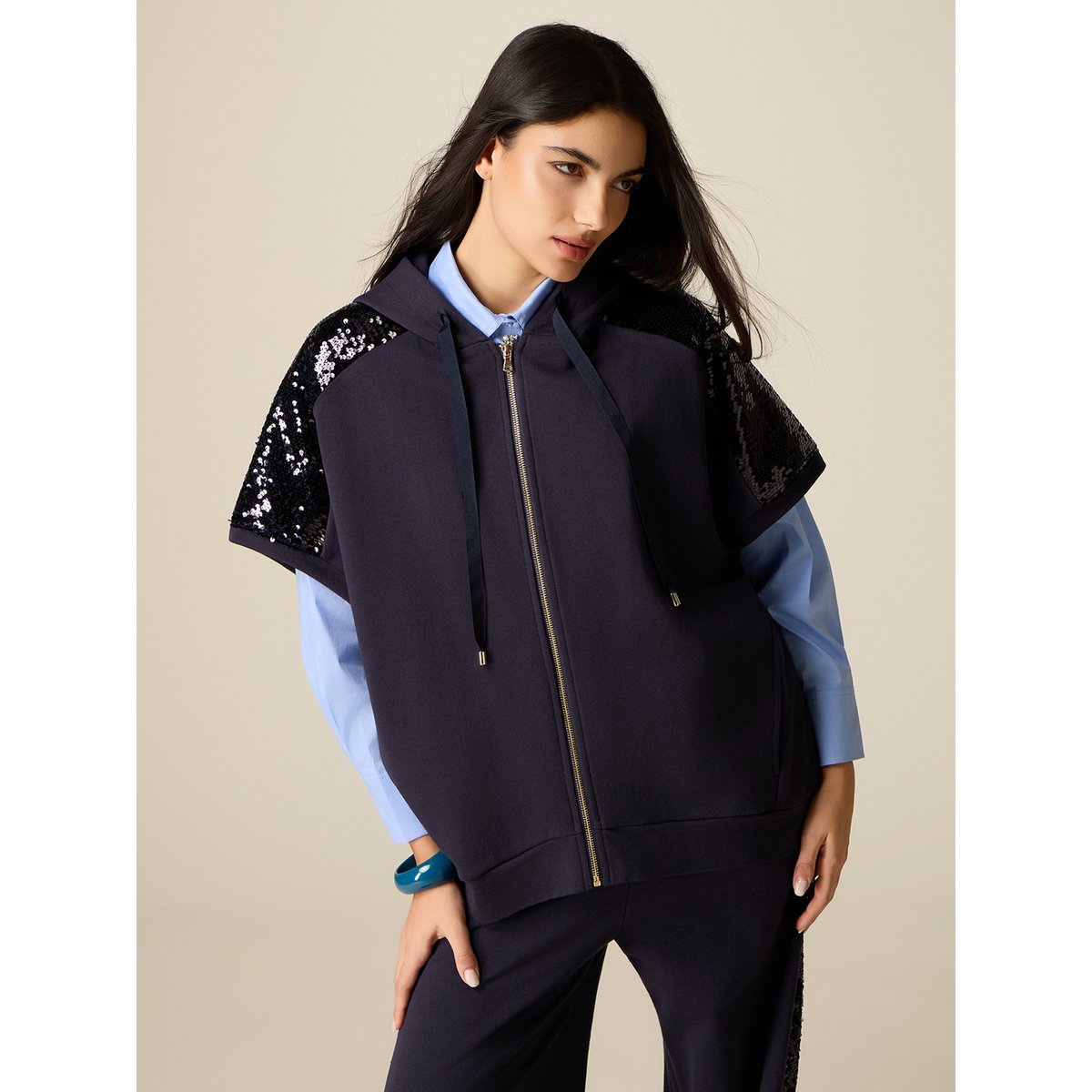 Sweat-shirt manches courtes avec paillettes crème, OLTRE