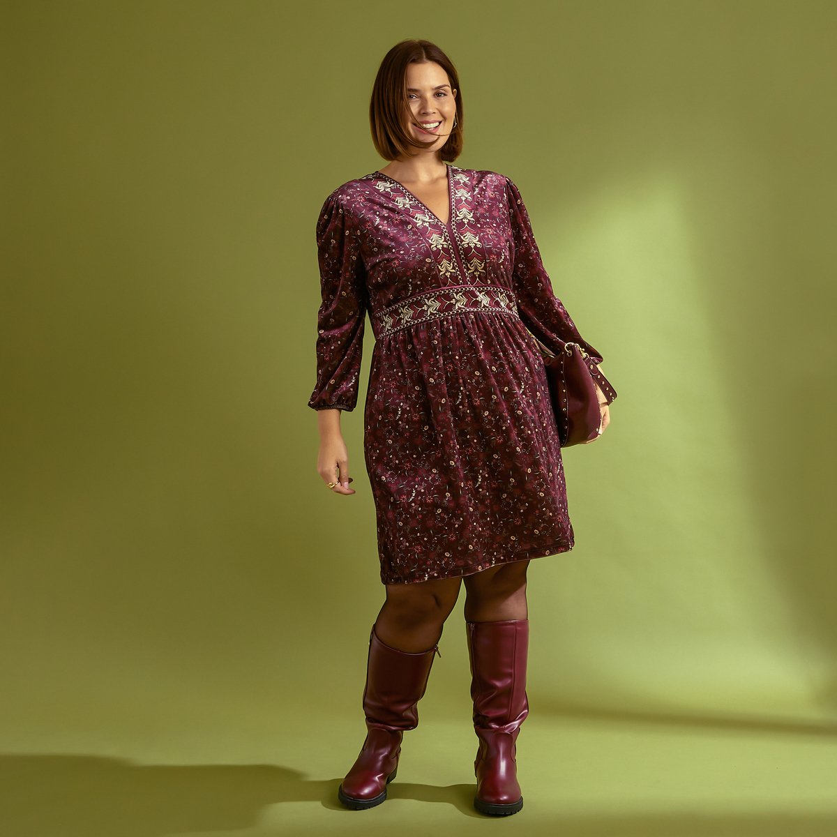 Robe fluide longueur genou à col V orange bordeaux, GRAIN DE MALICE
