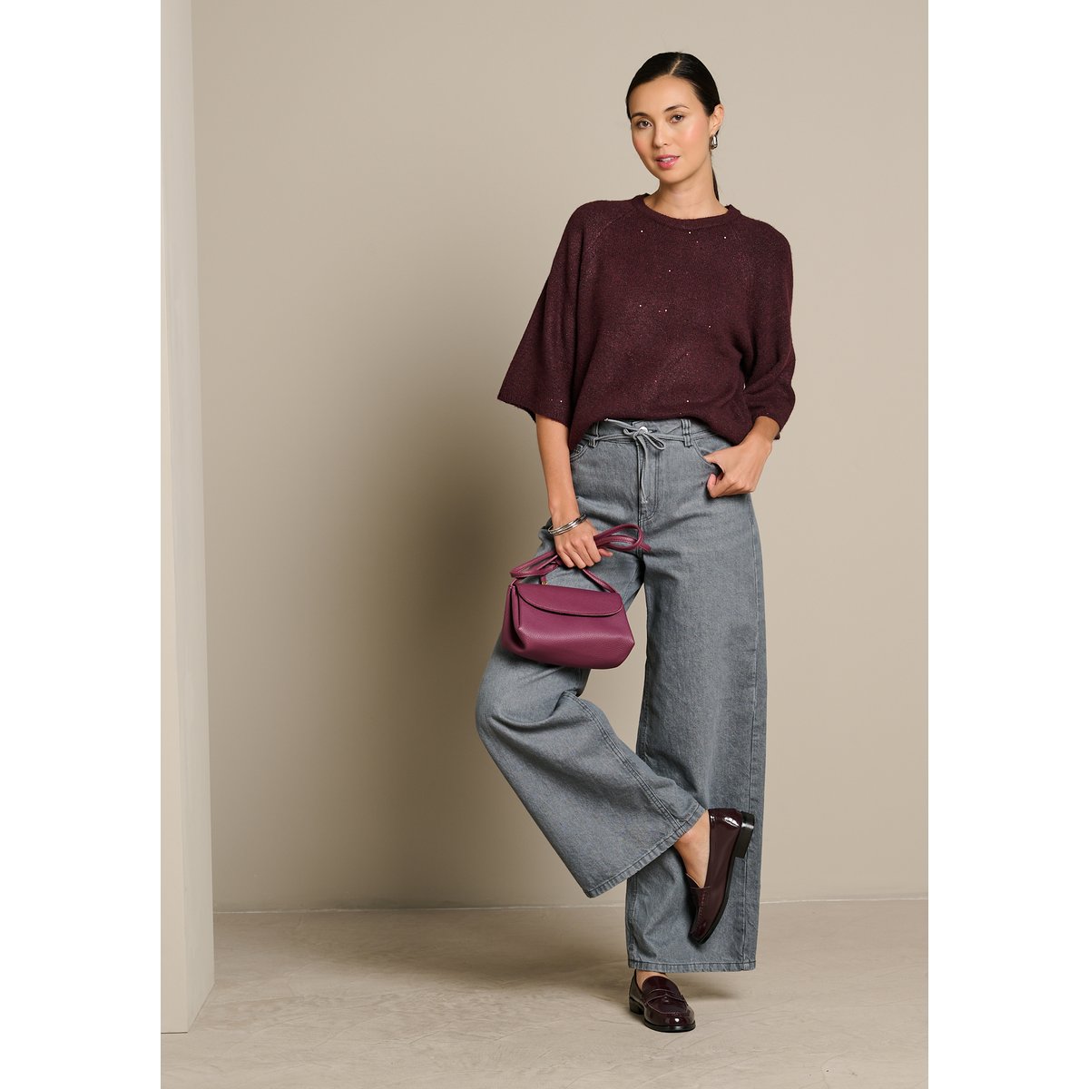 Pull scintillant à manches 3/4 aubergine, LOLALIZA