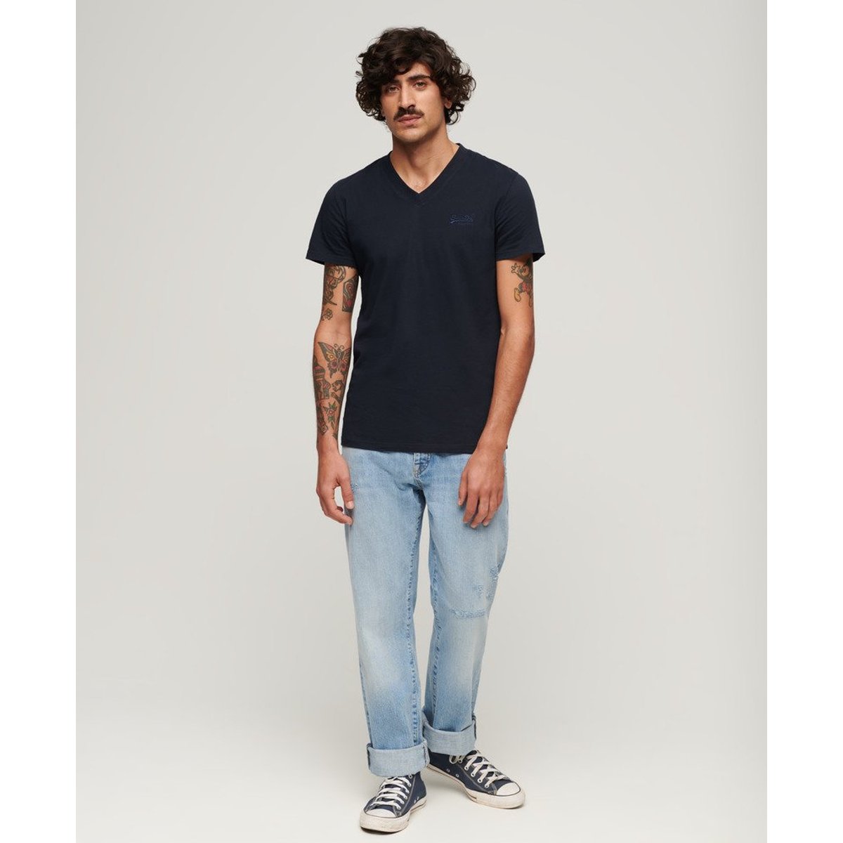 T-shirt col V vintage logo bleu marine, SUPERDRY