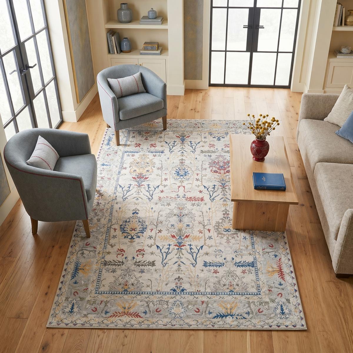 Tapis d'orient au motif oriental, style kilim, LYN11 PERLE beige, bleu, multicolore, UN AMOUR DE TAPIS