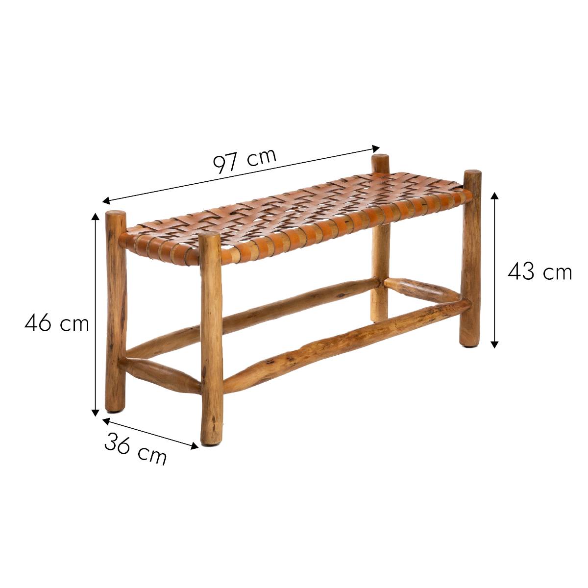 Banc en cuir marron et en bois ZOÉ bois foncé, MADE IN MEUBLES