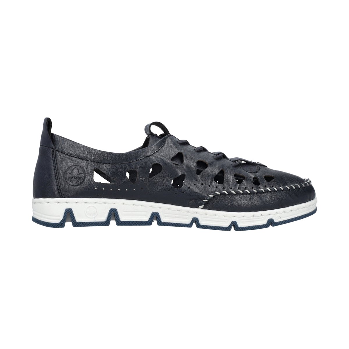 Sneakers en cuir bleues marine ajourées à semelle plate et à fermeture slip-on marine, RIEKER
