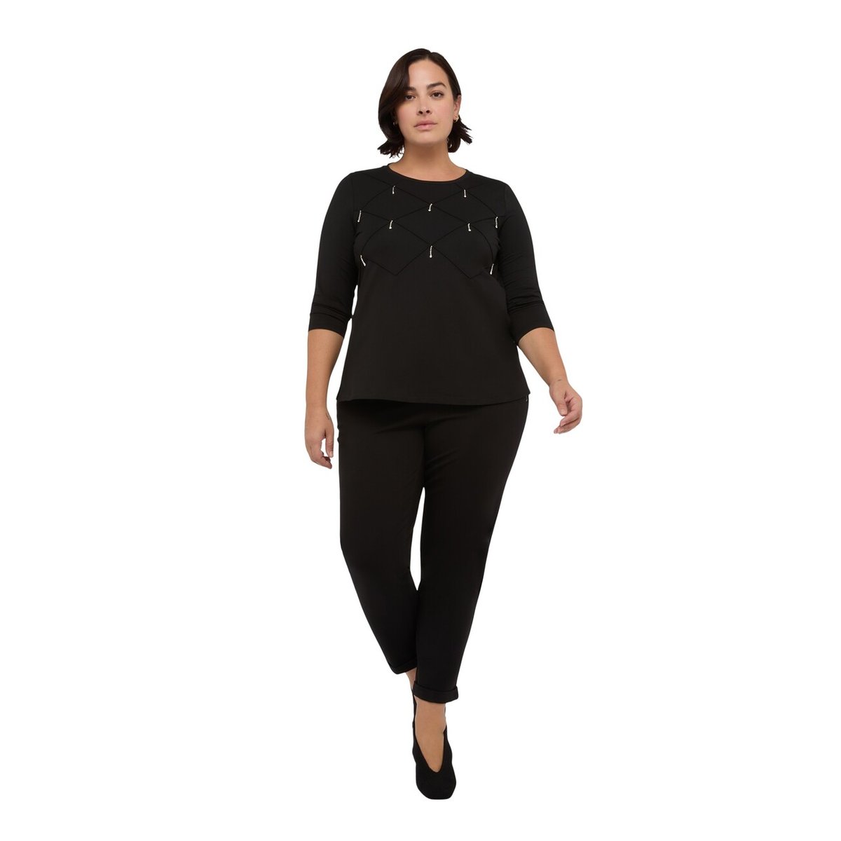 T-shirt en jersey de coton avec travail en losanges noir, FIORELLA RUBINO